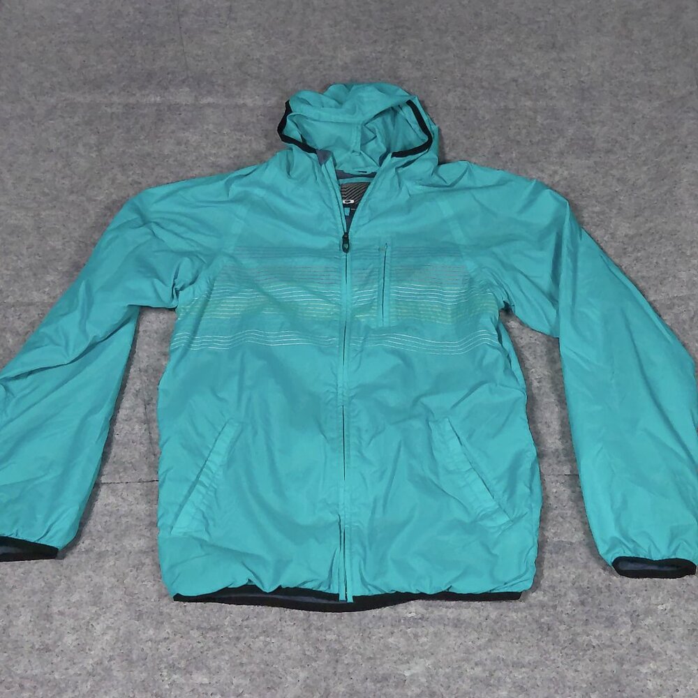 VTG Oakley Y2K Style Neon Teal Hooded Windbreaker Jacket Full Zip Mens Medium